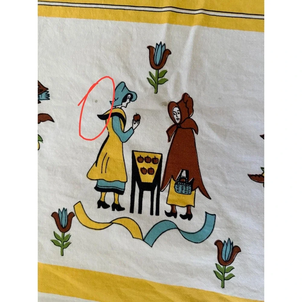 Vintage Folk Art Tablecloth Yellow Dutch Figures Floral Wreath 50x62 Rectangular